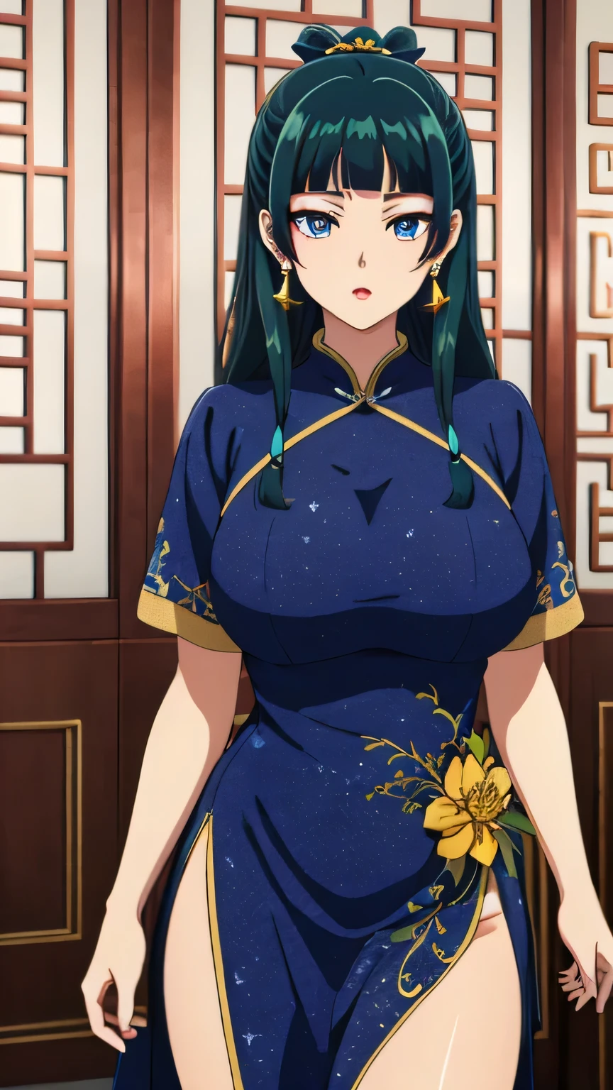 (((Highest quality、Ultra-high resolution、masterpiece: 1.2))), Highly detailed anime art style,Teen Style, (Off the shoulder,Earrings, A luxurious interior of the Tang Dynasty harem), Detailed green hair, Detailed blue eyes, Complicated hairstyle, Long Hair,Sparkling eyes,like々Shii,hair accessory, チャイニーズEarrings着用, She has a hairpin on her head、Half Up, Slightly blunt bangs, Detailed lighting, Bright colors, Looking at the audience, 45 degree top down shot、Facing forward、Stand in the center of the image、Cowboy Shot,Cat、Curvaceous、Big Breasts、Big Ass、High-end kimono、Traditional Tang Dynasty Kimono、Crimson lipstick、Courtesan-style costume、