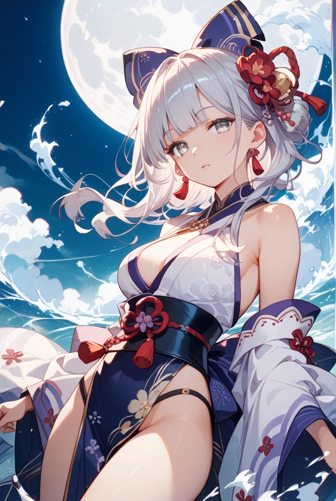 (tmasterpiece)、(top-quality)、(ultra - detailed)、(独奏)、Beautiful girl of 14 years old、small、silber hair、Krims、The white, golden, plata, Light blue and red kimono、Shoulders bare、Emphasize cleavage、Thighs exposed、Landscape and cherry blossoms、Moon Night、Composition looking up from your feet，fully body photo