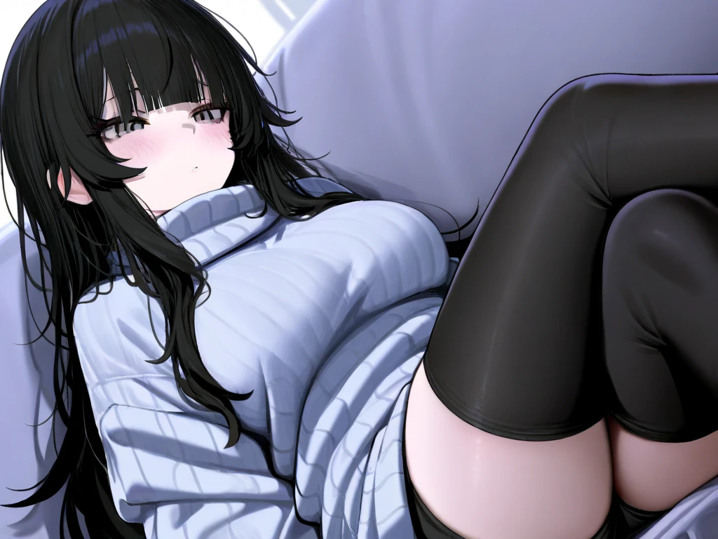 1woman, small breasts, small butt, wearing black wool sweater, wearing white panties, sitting on cushion, black hair, long hair, straight hair, blunt bangs, light blue eyes, luscious eyelashes, thick eyeliner