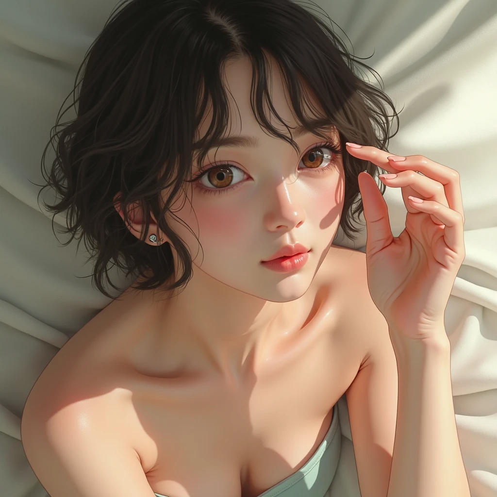 (Masterpiece, Real: 1.4), (Very Complex: 1.2), (Upper Body: 1.2), (From the front: 1.3), Dressed only in silk bright orange underwear (color is orange, high-end underwear that fits the body, purchased pants that fit the body), one shoulder strap of the bra is removed and rests on the arm, one of the legs is bent (knee is bent), the hand is holding the pillow, the hair (black hair, Quite long and simple hair fastening), modest chest, hotel, looking at the viewer, the expression is a little embarrassed, Japan about 21 years old, cute makeup, idol-like face, large eyes (double, false eyelashes), body shape is slender (about 143 cm tall, slender with a thin figure), head tilted, lying on the bed of elegant white sheets of the hotel (on his back), 1 girl (about 21 years old), Solo, Ultra High Definition, 8K UHD, Perfect Anatomy, Exquisitely Detailed Skin, Best Shadows, Delicate, High Resolution