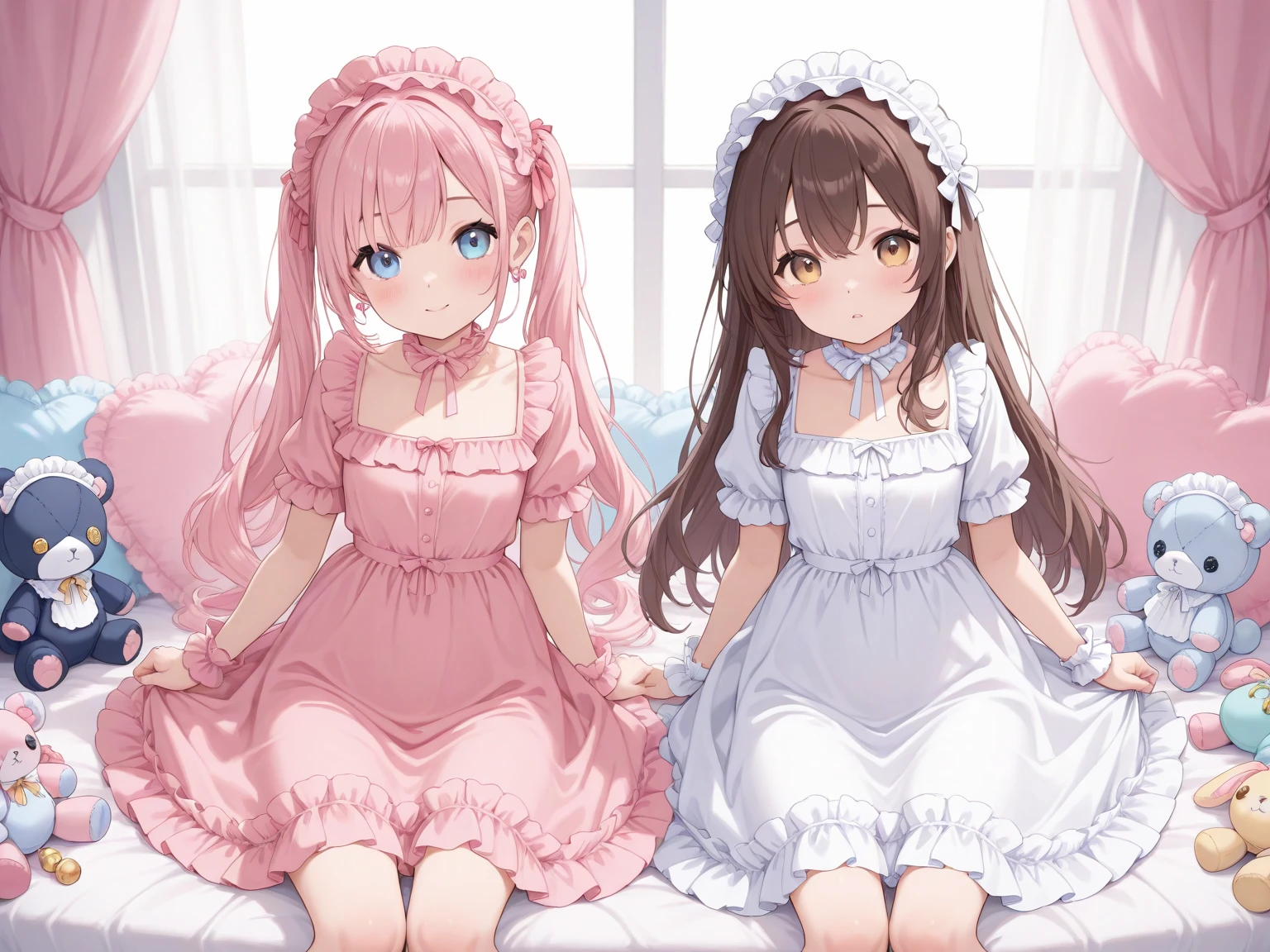(Style-Princess) (1 man, 1 catgirl) (hetero, couple) (crossdressing, fully clothed) (brown hair, blue eyes) (portrait) (women's clothes only) (women's beautifully feminine skintight velvet floral print frilly girly pink adorable ballet leotards) (white opaque tights, no shoes) (tiaras, pink shoulder-length silk gloves:1.3) (woman's bedroom, four-poster bed) (lying down, hugging, bending knee) (intimacy, playfulness, closeness)