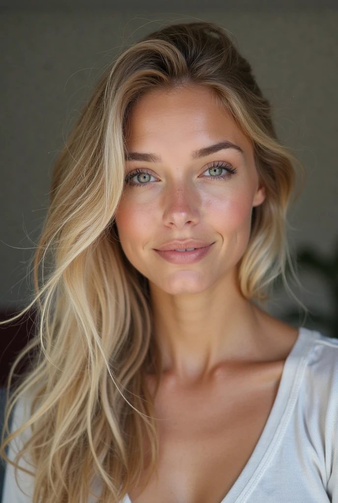 beautiful woman of 55 years old with blue eyes, blond with brown roots, long hair, looking directly at the camera, very realistic, instagram selfie, closeup face, at home, tight shirt tucked into high-waist suitpants, clothes tight against body, clothes too tight, revealing figure, film grain, fit muscular body, big breasts, cleavage, focus on face, in love with the camera, showing bare tits