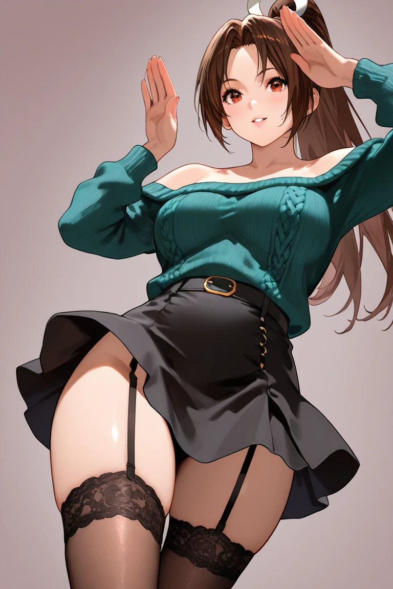 masterpiece, best quality, highres, 1girl, symboli rudolf (umamusume),full body wide angle, bewitching poses, (frame the head),off shoulder sweater, yoga pants, blush, (kneeling), bedroom on the bed, sunset