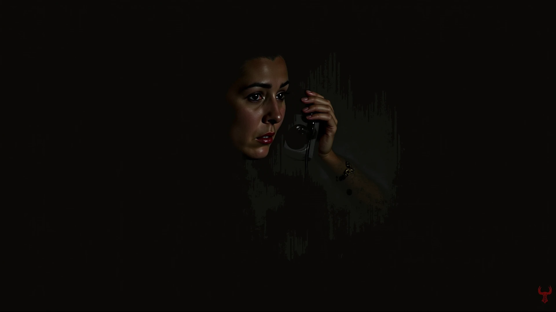 An old telephone ringing on a table in a dark environment, a woman hesitating to answer with an apprehensive look, soft light from the phone illuminating her face, contrasting with the surrounding darkness, 16:9 --v 5 --ar 16:9 --style suspense