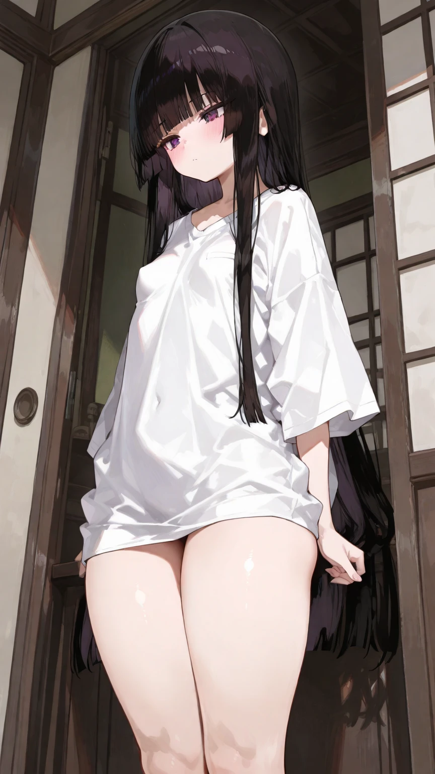 1girl. Japanese petit. Smile. (masterpiece). (best quality). (insanely detailed). Nude. nsfw. Slit Pussy. Close up Mons pubis. Flat chest. Upright standing posture. from below.