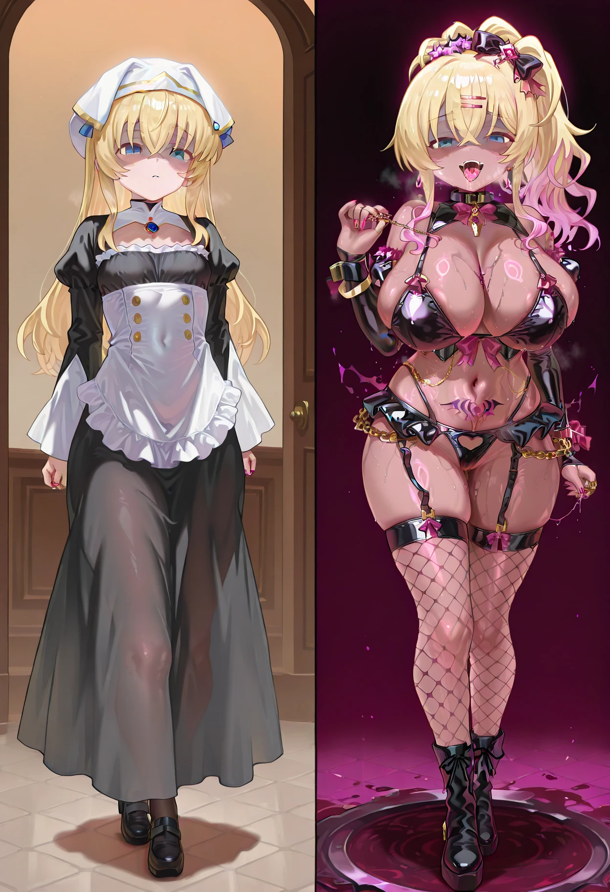 alone、Hair on one eye、Big Breasts、Please take off your skirt and show me your panties、bangs、Glowing pink eyes、1 girl、swirl eyes、Expanding pink eye control、@ @、Hollow Eyes、Hollow Gaze)、indoor、hypnotism、Not aware、swirl eyes、Expressionlesaid、Maidの頭飾り、Wrist cuff、Waist apron、Neck bell,Cynthia,Blonde,No text
