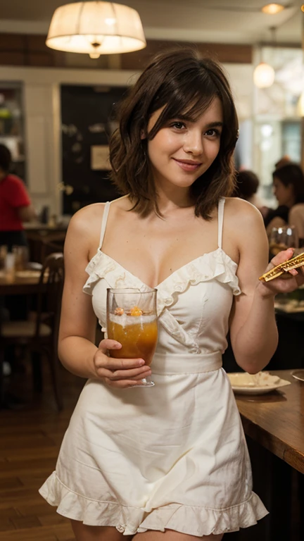 ((Jennifer Ehle)), 25 years, long light brown hair, large bust, (((wearing a 1920's cocktail outfit))), in a cocktail bar, fish hair ornament, light smile, Art Deco, sparkle, cinematic lighting, from side, Canon, UHD, anatomically correct, textured skin, 8k
