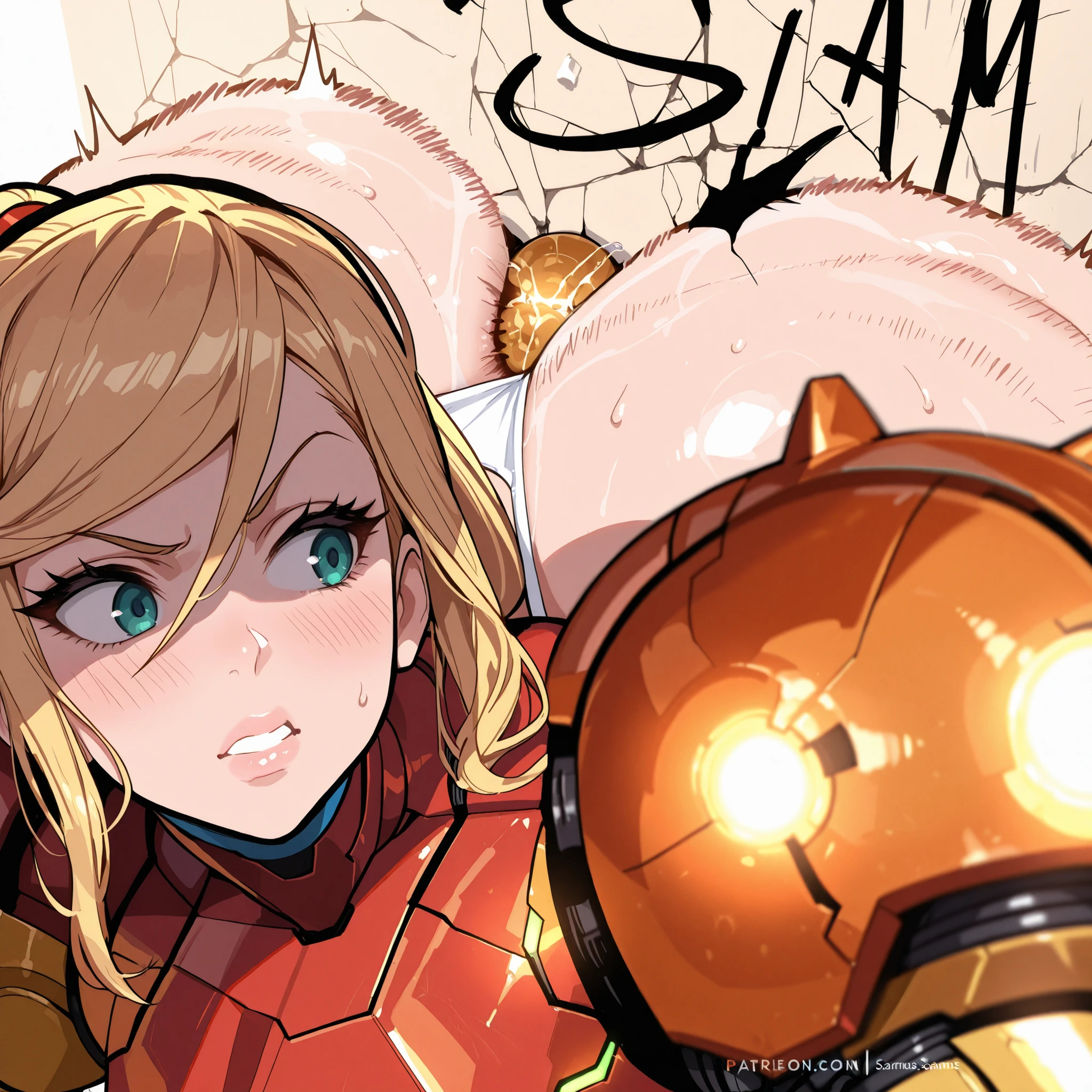 Samus Aran wearing Power Armor, she is pressing her huge massive ass against a wall, white thong panties, cracked wall, masterpiece, best quality,