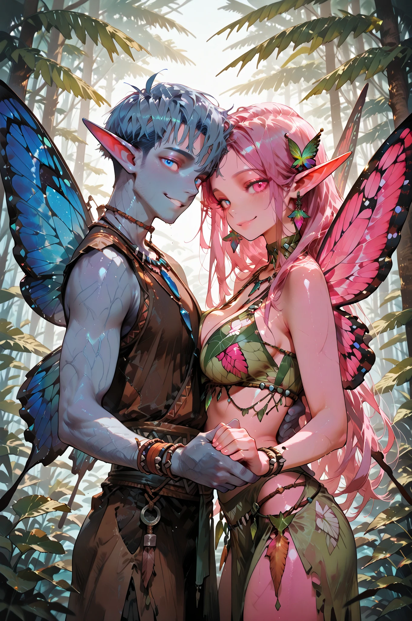 masterpiece, best quality, amazing quality, very aesthetic, high resolution, newest, hyper-detailed, (long shot), couple holding hands ((fairys)),gentle smile; mature man blue hair, short hair, short bang hair, ((butterfly wings)), ((Elf ears)) blue skin, tribal clothes); mature woman pink hair, long hair, long bang hair, ((butterfly wings)), ((Elf ears)) pink skin, tribal clothes) fantasy theme, fron to the viewer, fan art, absurdres, amazing tropical forest background, depth of field