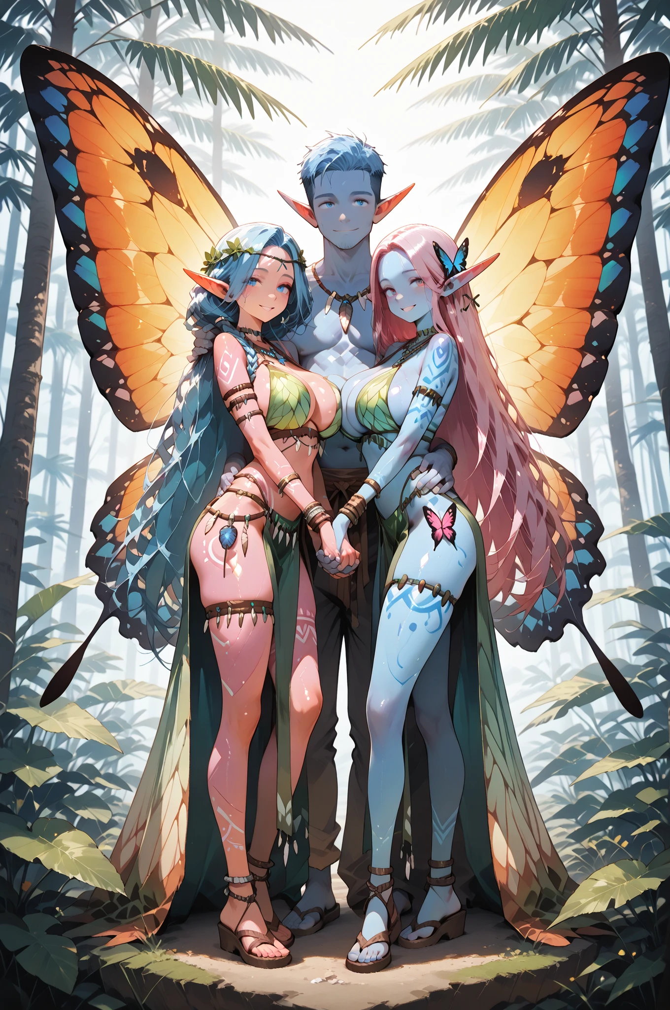 masterpiece, best quality, amazing quality, very aesthetic, high resolution, newest, hyper-detailed, (long shot), couple holding hands ((fairys)),gentle smile; mature man blue hair, short hair, short bang hair, ((butterfly wings)), ((Elf ears)) blue skin, tribal clothes); mature woman pink hair, long hair, long bang hair, ((butterfly wings)), ((Elf ears)) pink skin, tribal clothes) fantasy theme, fron to the viewer, fan art, absurdres, amazing tropical forest background, depth of field
