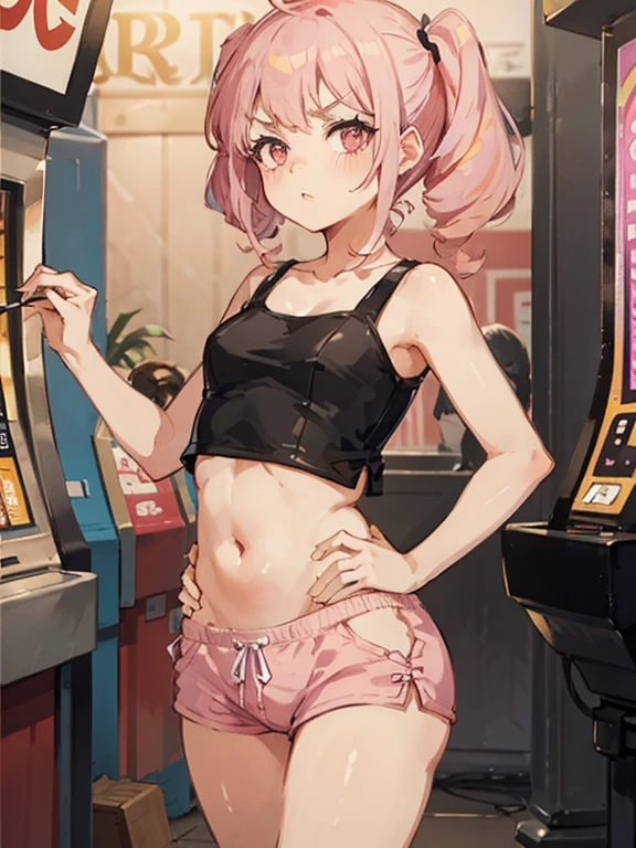 最high quality、best image quality、masterpiece、teenage girl((20-year-old、 By becoming、vest bust、medium bust,wide open breast tea、black eye, blonde hair、long hair、thin,highest valley、blue sports bra(1:2)、Blue sports pants、sweating、scattering of sweat、Flushed body、- And--Uppose、sexy)),high quality、beautiful art、background((arcade))debris flies、Depth of written boundary、movie、visual art、perfect art、8k,genuine、