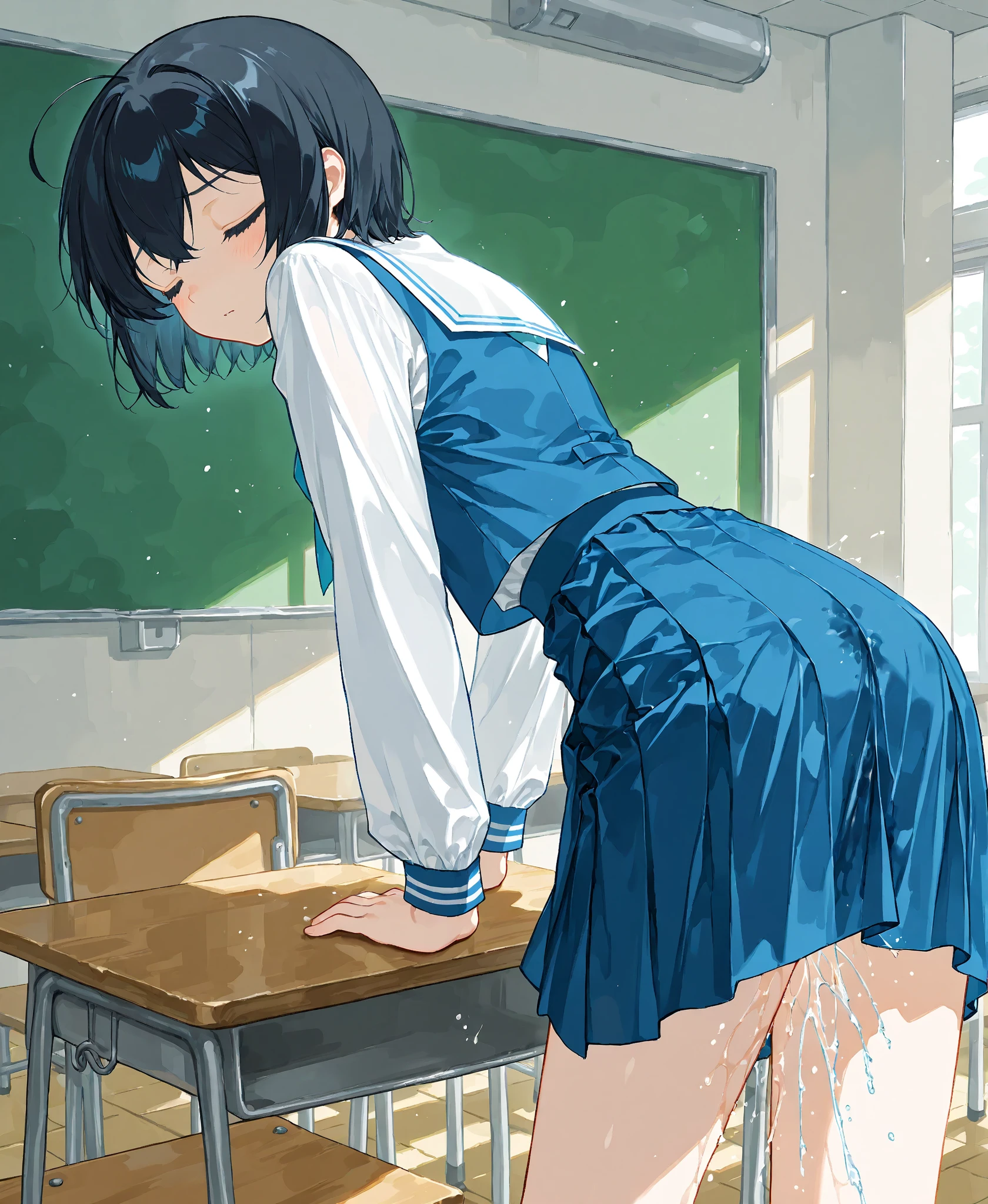 girl, seifuku, no panties, bottomless, from behind, pussy, pussy juice, pussy juice string, pussy juice puddle, school, writing on a blackboard, chalk