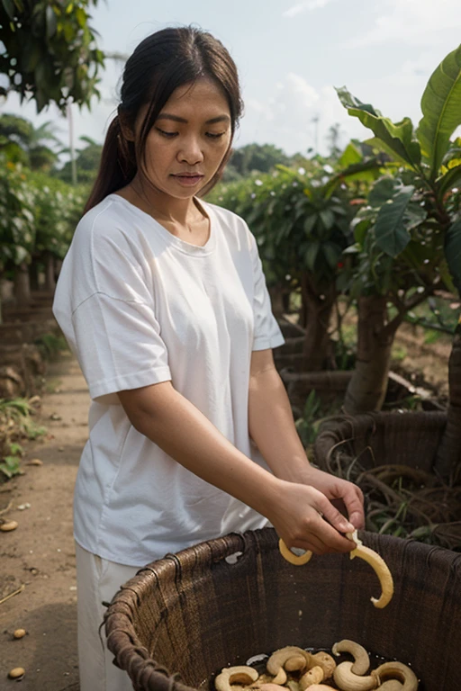 sweaty wet oily javanese lady farmer harvesting crops, messy hair
