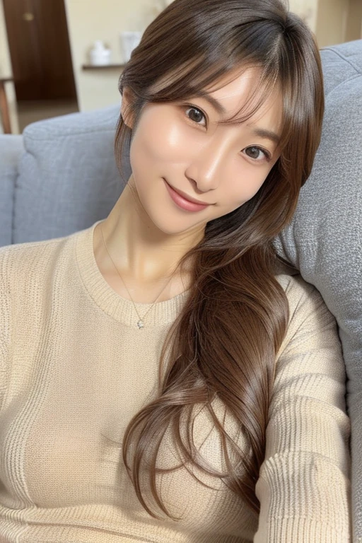 ((highest quality, 8k, masterpiece: 1.3)), 1 female, Japanese Idol,Sensual beauty: 1.3, (Hair style Brown hair Medium wave, big: 1.2), Nightwear: 1.1, A very friendly face, Delicate eyes, double eyelid, Dimples,Mole, Sit on the sofa,relax,smile,Plump body,
