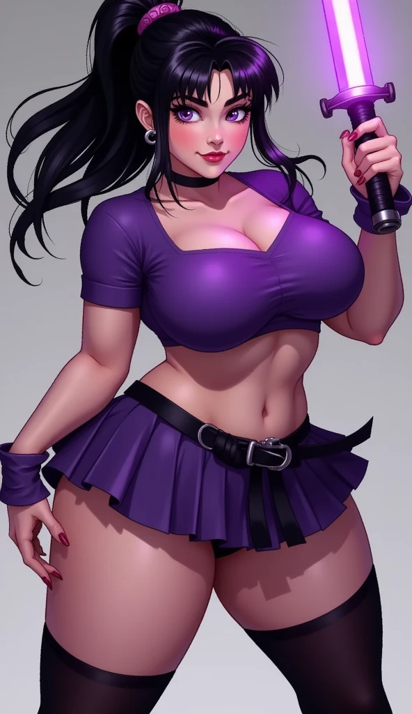 masterpiece,best quality,extreme detail,8k,(white background),<lora:sam-10:0.7>,sammason,1girl,solo,breasts,looking at viewer,smile,short hair,skirt,black hair,thighhighs,navel,medium breasts,purple eyes,pussy,choker,midriff,arms up,crop top,plaid,makeup,no panties,plaid skirt,lipstick,purple thighhighs,purple lips,