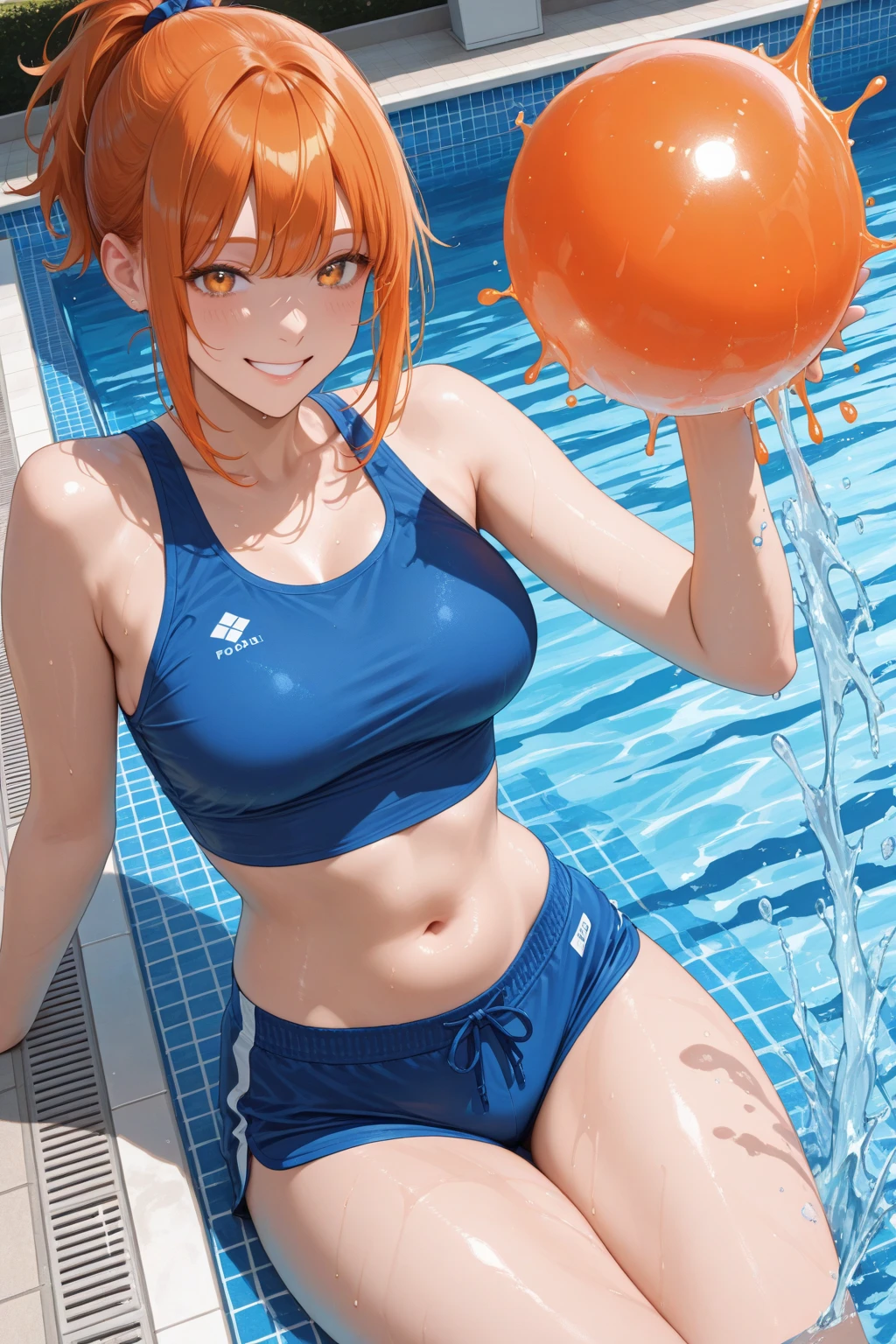 (top-quality: 1.3), (masterpiece: 1.3), (The ultra-detailliert: 1.3), (wall-paper, one girls), (Perfect beautiful navy blue school swimsuit:1.3)、(orange color hair:1.3)、short-hair、(Beautiful Large Breasts:1.3)、fullllbody、Citizen Pool、Outdoor pool、(Hair is wet:1.3) 、(The body is dripping wet:1.2)、ssmile、sexypose、Sit up