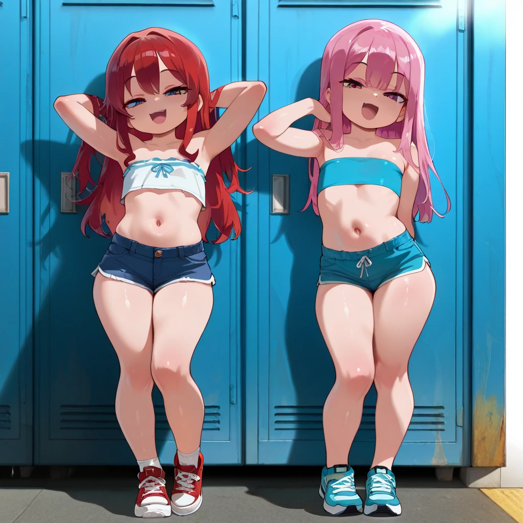 (masterpiece, best quality, 1girl, solo, intricate details, chromatic aberration), realistic, ((medium breath)),long hair, pink hair, red head ornament, pink highlights, hair over one eye,purple eyes, earrings, sharp eyes, choker, neon shirt, open jacket, crop top, (symmetry eyes),(perfect symmetrical body),against wall, brick wall, graffiti, dim lighting, alley ,look at viewer, woman at a gym, cute, front Pose, fitness girl, standing, erect Pose, symetrical, fitness model, skinny, Red sneakers, best qualityer, relaxed arms, hands down, ankle, fullbody view, stand straight with your back upright. Keep your shoulders back and maintain a straight line from your head to your feet.