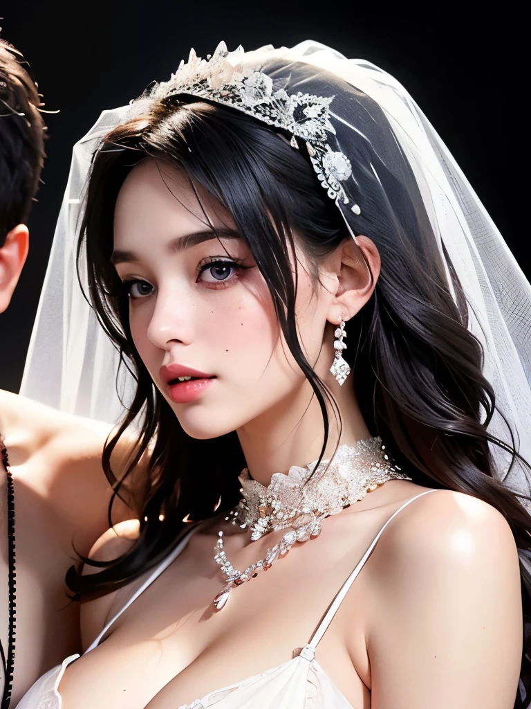 Best quality, masterpiece, antique bride, eerie, thriller, dim, dark, despair, pity, pitiful, movie, tears, teardrops, slim body, oversized bust, slim girl model, 24 year old female model,