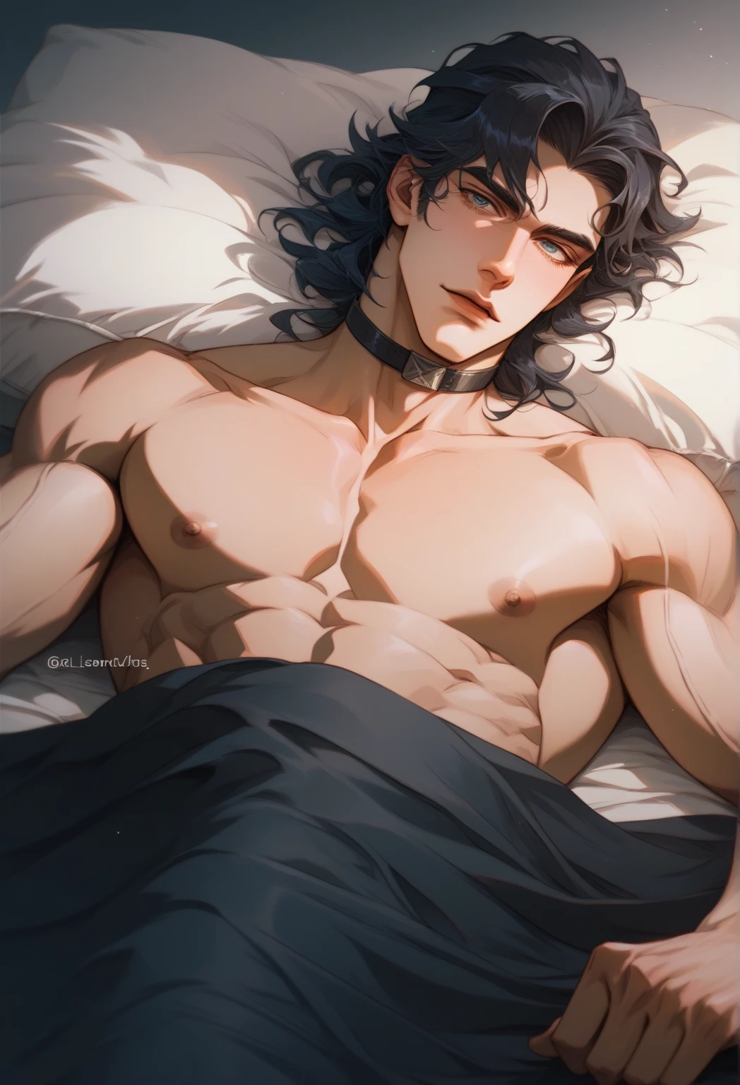 (Best Quality),(Masterpiece:1.2), (showy:0.9), (ink splash),(color splash),((watercolor)), Clear and sharp focus, model photo,, (portrait of beautiful boy) short black hair, green eyes, laying on the bed, something muscular.. 23 years, lying face down, big ass, wrinkled year, beautiful chico, somewhat small but attractive penis, gay, beautiful, beautiful young boy nice ass