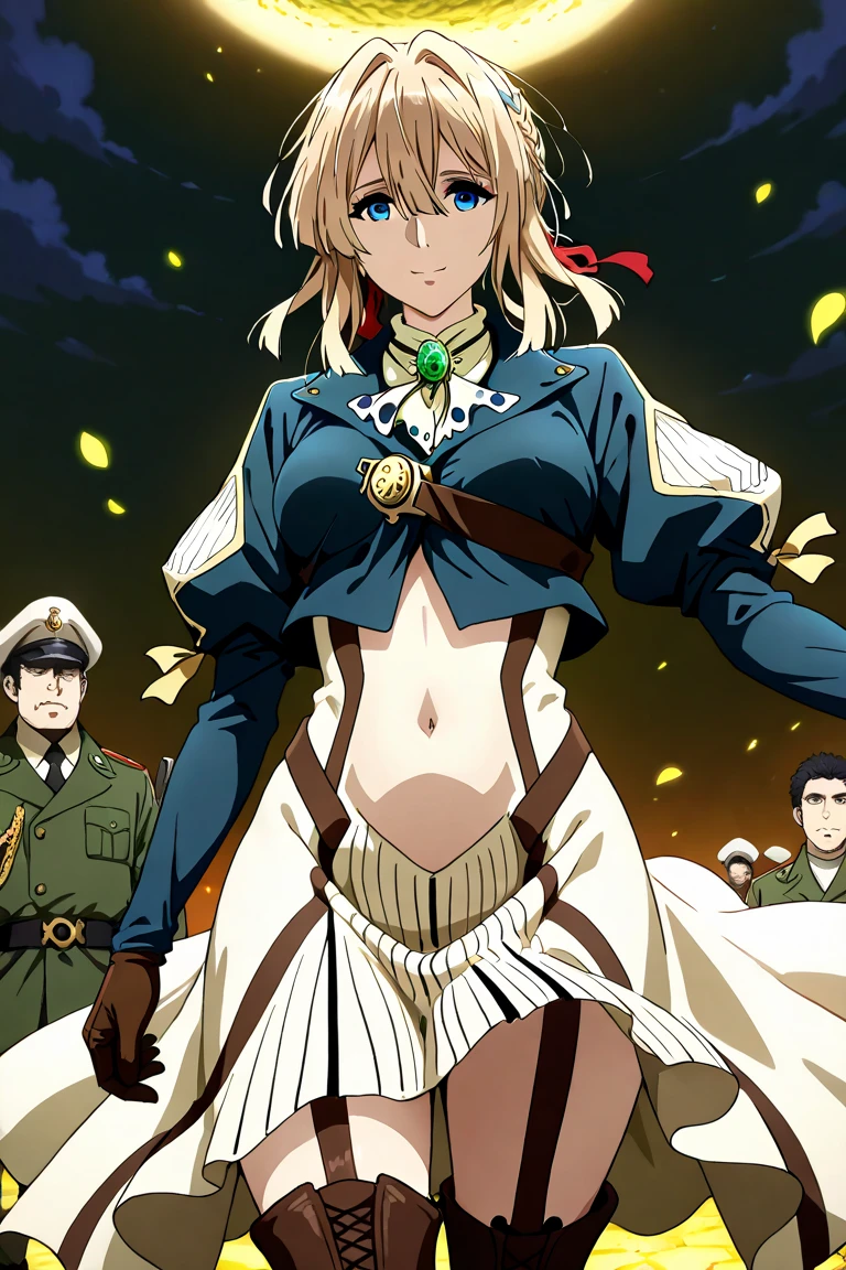Chica anime, cabello amarillo agarrado en una cola de caballo, camisa color verde, brown pants, a brown cape, brown boots, ojos azules, cerquillo en la frente, tiene una espada, a staff, un diamante infregnada en su frente color verde, color de piel blanca y chica amable pero fuerte y ruda