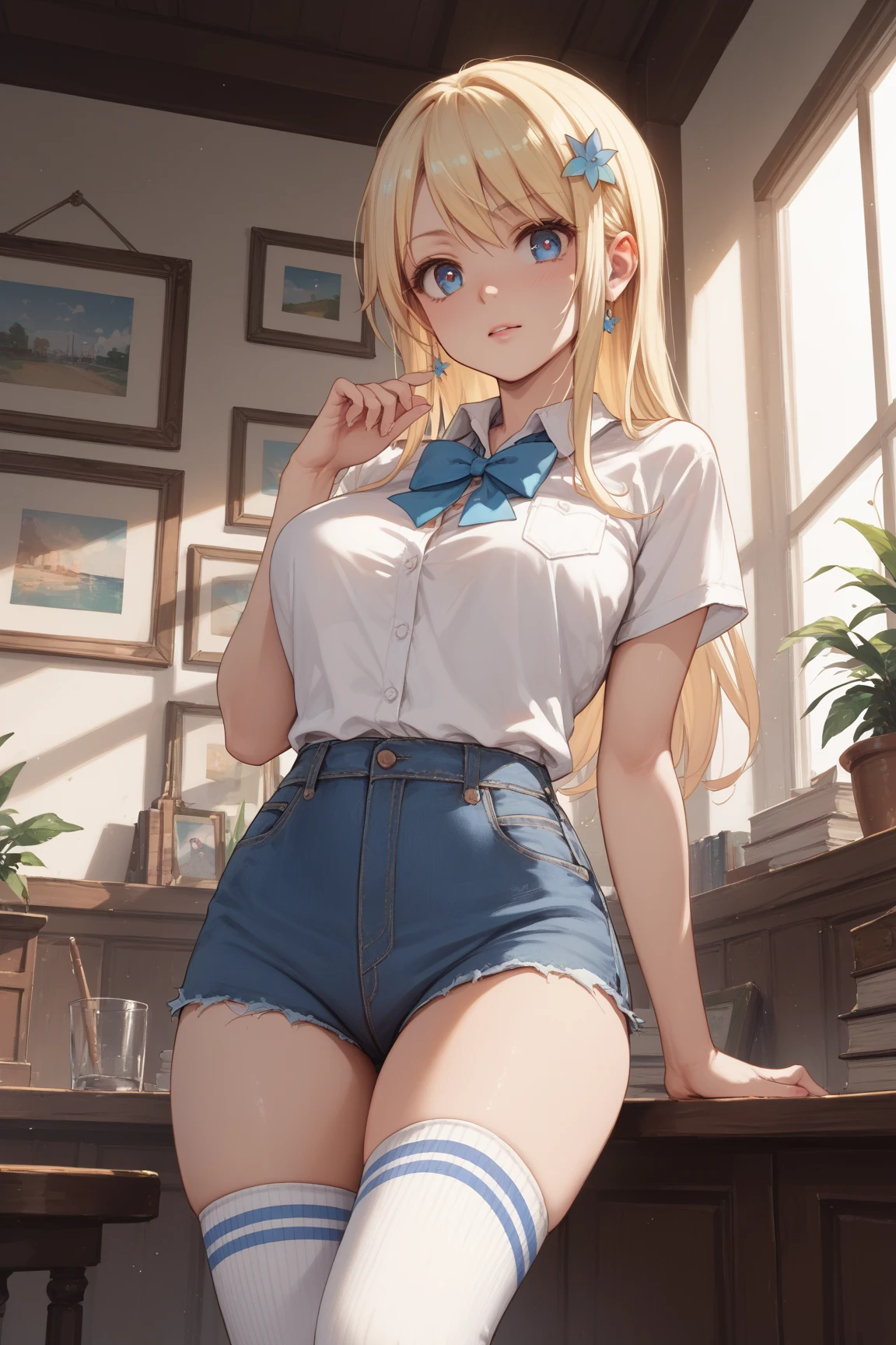 Flat chest, loli, blonde hair, big green eyes, low ponytail, parted bangs, classroom, wide hips, full body, short shorts, (masterpiece:1), (abundant detail:1), arched back, elf ears, nipple sticking out through the shirt