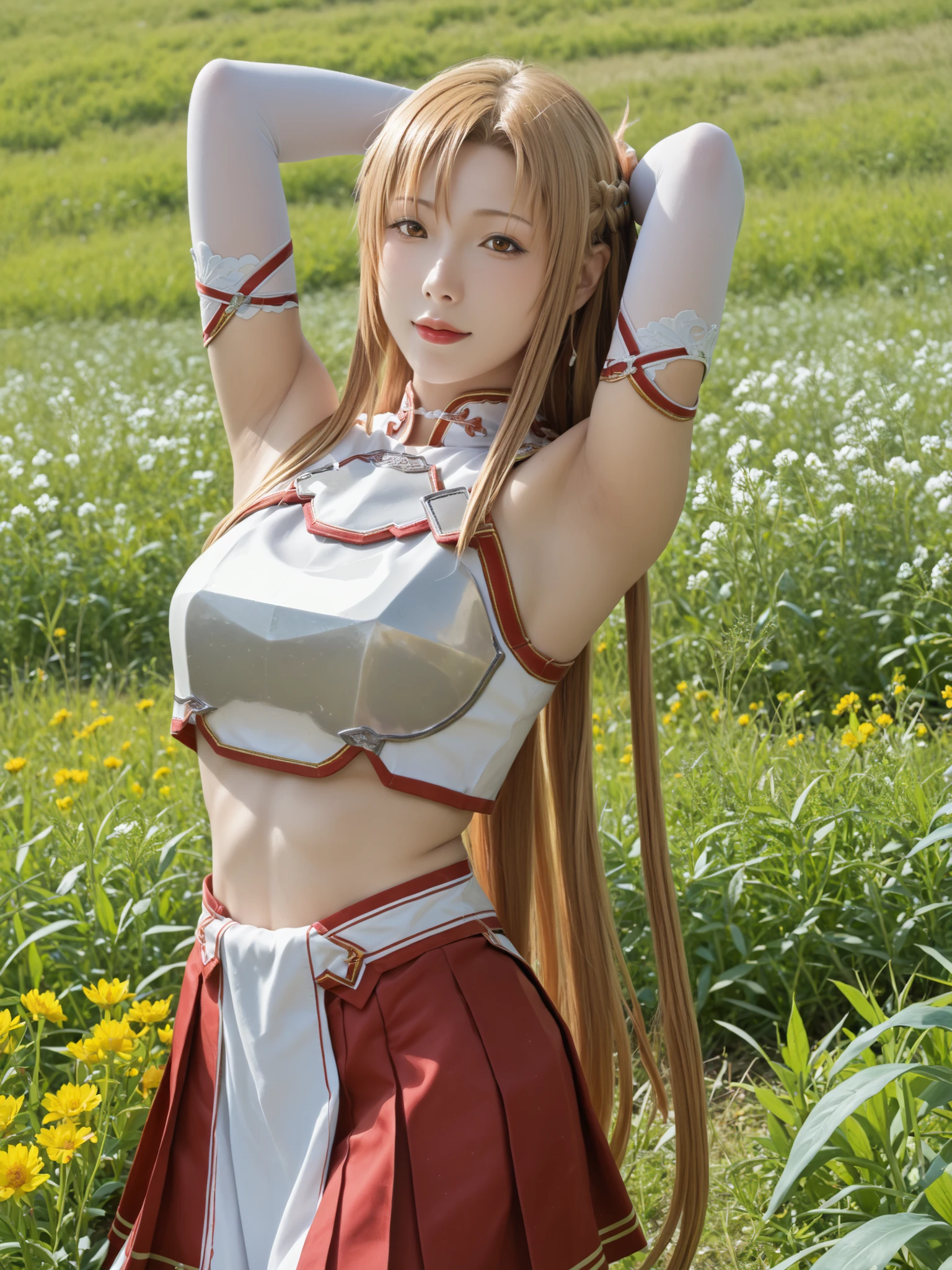 masterpiece, best quality, (realistic,photo-realistic:1.4), (RAW photo:1.2), extremely detailed CG unity 8k wallpaper, delicate and beautiful, amazing,finely detail, official art, absurdres, incredibly absurdres, huge filesize, ultra-detailed,extremely detailed eyes and face,light on face,little smile,asuna yuuki,(caramel hair:1.4),garden,(wearing torn clothes:1.4),outdoor,long hair,(chained body:1.5)