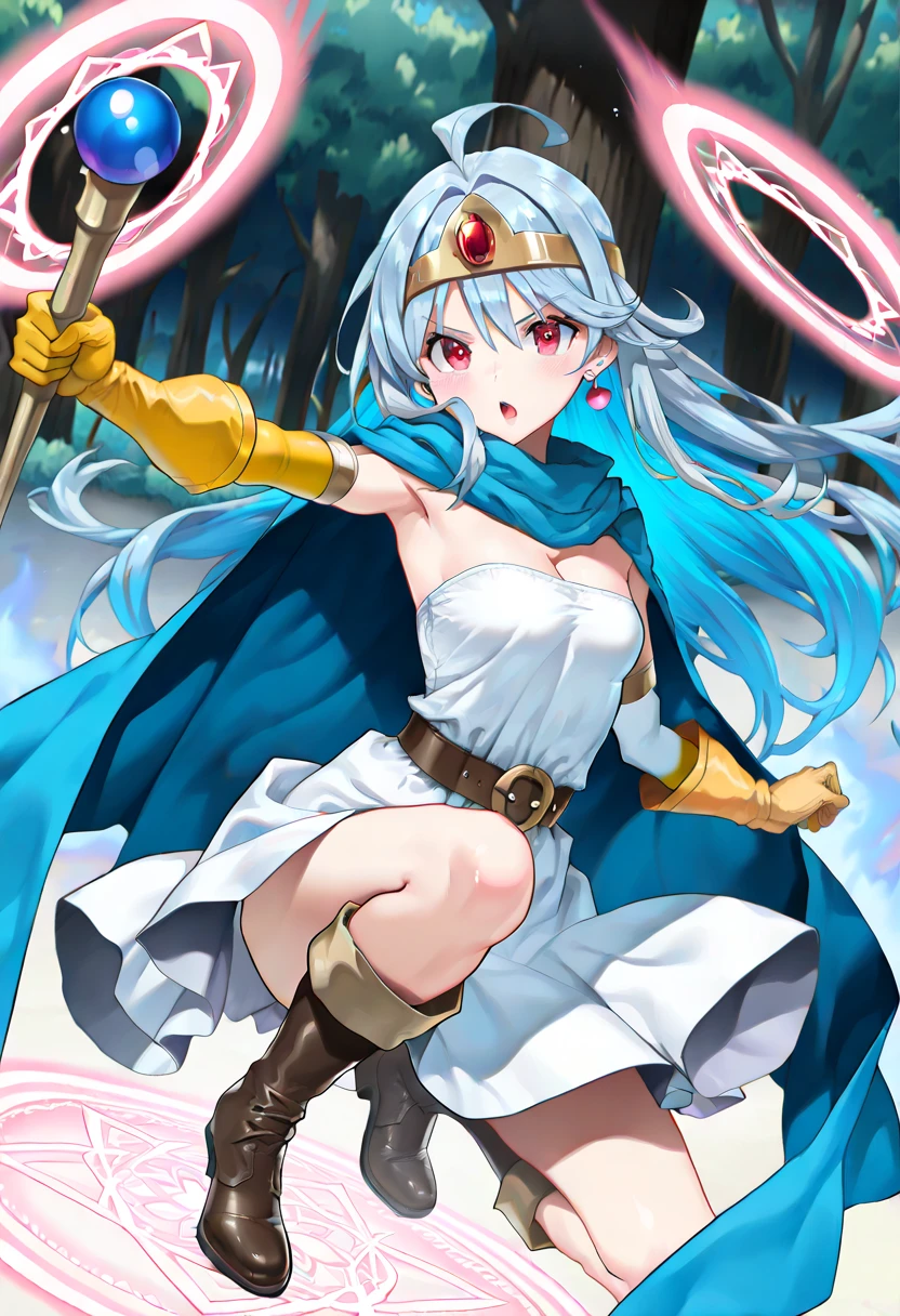 tomoe, ((aqua hair, long hair:1.3)), ponytail, red scarf, hair between eyes, curvy, huge breasts, anatomically correct, heavy breathing, huge breasts, 1girl, breasts, staff, holding, solo, long_hair, black_hair, large_breasts, bangs, holding_staff, yellow_eyes, very_long_hair, jewelry, hair_ornament, "Photorealistic, Hyperrealistic, Hyperdetailed, analog style, soft lighting, subsurface scattering, realistic, heavy shadow, masterpiece, best quality, ultra realistic, 8k, golden ratio, Intricate, High Detail, film photography, soft focus", (shaded face:1.2), hollow eyes, red eyes, looking at viewer, seductive smile, upper teeth,