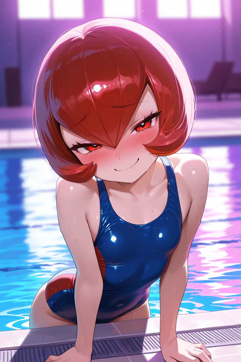 1oni woman,mature female,solo,happy expression,meduum breasts,red hair,long twintail hair,elves ears,oni horns,red eyes,smile,open mouth, Tongue out, swimsuit, in the pool, red eyes, red swimsuit, tight swimsuit, monokini
