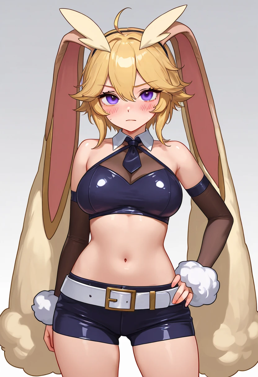 Rabbit ears, squadron, squadron costume, 80s fashion, city pop color, (character design sheet, front, back, side, same character), background is simple, pigtails, small, female brat, thick eyebrows, thin waist, beautiful blonde, braid, (masterpiece), ((highest quality)), (super detailed), girl, (beautiful eyes)), beautiful detailed eyes, clean and detailed face, five fingers, textile shading, perfect ???????,