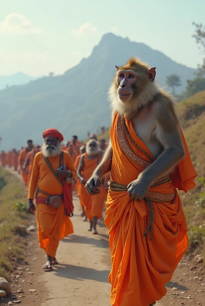 a backdrop depicting a battlefield in grasslands with hundreds of Hanuman army with huge muscular body with divine and devotional facial expressions. The image could show monkey army standing strong and devotional by holding gada over shoulder, creating a sense of strength and determination. It would be quite an impactful wearing saffron cloth. Background should ten vaanaras in front and hundreds of army backside with bulk body and holding gada