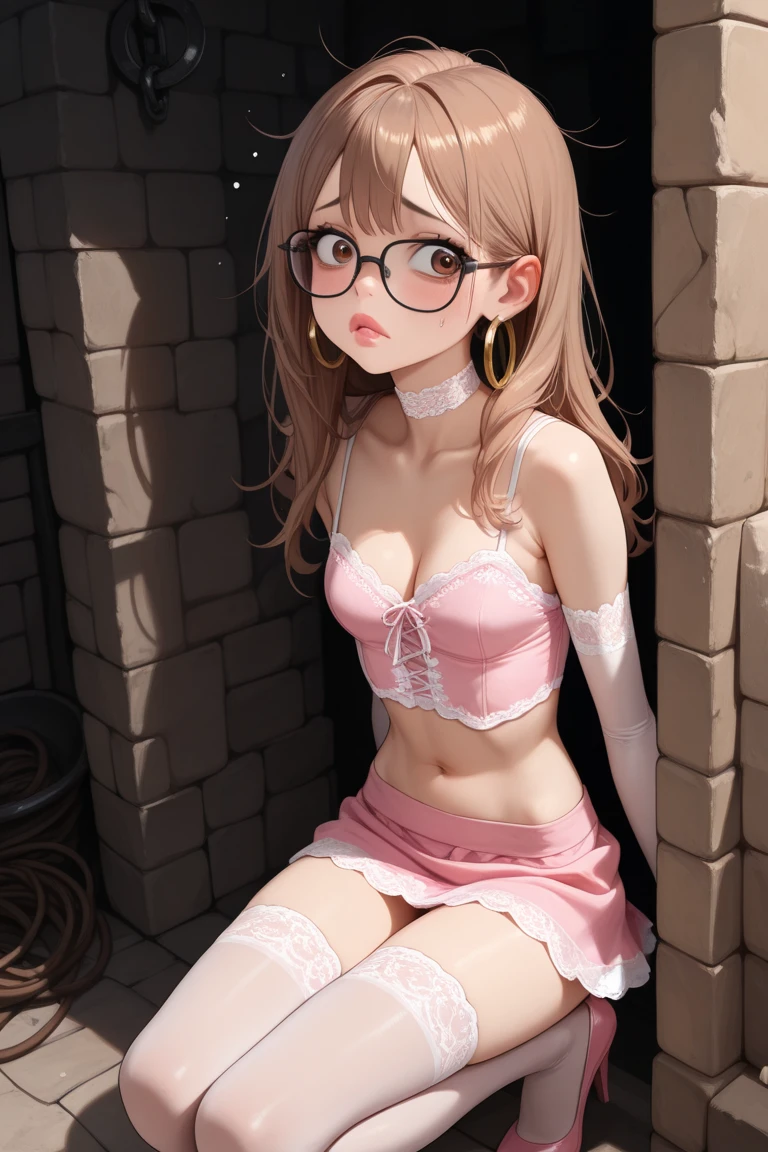 Transparent hair、hime-cut、Golden Eyes、eye glasses、10-year-old daughter、flat chest、Thin pubic hair、Beautiful open legs、pole dance