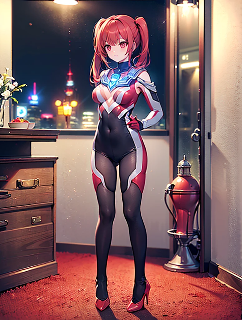 Highest image quality,8K beautiful detailed 1 young girl,(bright red hair:1.5),short bob,red eyes, (Ultra Girl :1.0), (silver and red ultraman bodysuit:1.4),big breasts,(Put your hands on your hips:1.2),(fist:1.2),In town,large number of buildings