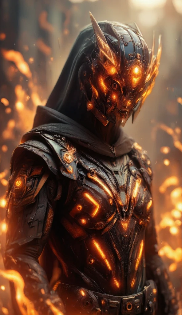 A futuristic cybernetic warrior in a dark, armored suit with glowing orange energy lines, wearing a hooded cloak. His helmet is sleek, smooth, and featureless except for the intense orange lights forming angular patterns. The environment is filled with fire and embers, creating a dramatic contrast against the black armor. The warrior's pose is imposing, exuding power and mystery, with a cinematic lighting effect enhancing the fiery background. The atmosphere is intense, evoking a sci-fi dystopian or cyberpunk aesthetic.