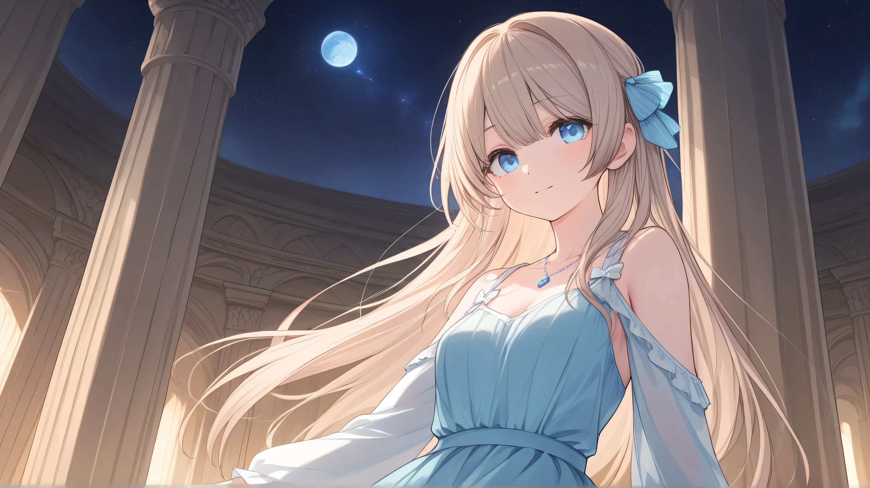 A mystical upper body illustration of a woman with long, light brown hair and blue eyes, wearing a dress, in a temple with only pillars. The night sky shows a half-Earth.