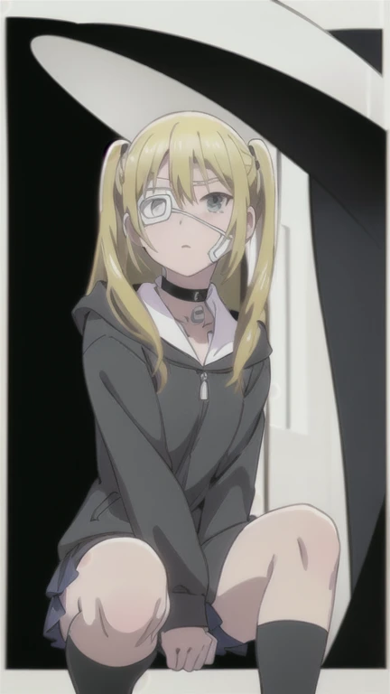 ((An anime girl with long yellow hair, a brown band around her mouth, a sad expression, and a flushed cheek. Her hands are tied behind her back with a rope, her breasts are bound, and she is sitting on her knees, kidnapped.