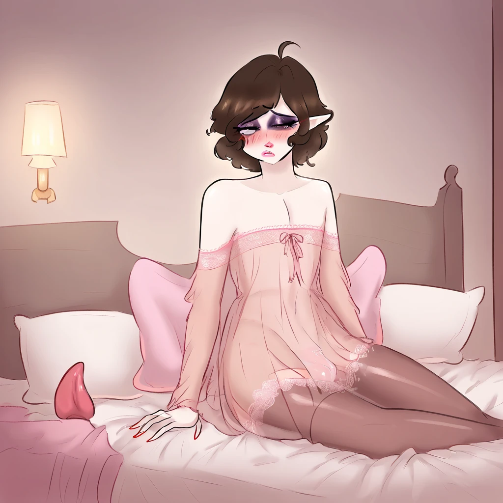 male crossdressing, crossdress, bpack hair, black eyes, shy, smalll breasts, long dress, pink dress, transparent dress, sexy pose, on bed, stockings,
