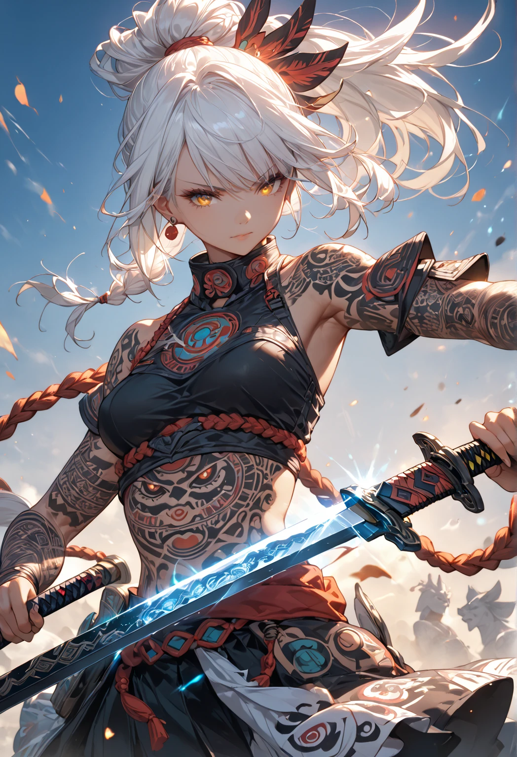 painting of a woman with a sword in her hand, yandere intricate, Line art!!, Anime Sketch, clean Detailed anime art, Detailed but rough, Demon Slayer Louis Fan Art, Line art, Detailed anime art, 美しいLine art, Zerochan Art, 強烈なLine art, Beautiful anime outline, 非常に細かいインクのLine art, Faded Painting, Anime Drawings, A 17-year-old Japanese girl with vibrant hair colors, drawn by a Japanese anime artist, long hair, daring hair styling, slender figure, plump cheeks. She embodies the punk rock aesthetic, dressed like a punk rocker with bold attire, large sunglasses, a defiant expression. She stands at 170 centimeters tall, weighs 30 kilograms, wears long boots, with her thighs visible under a red pleated skirt. Adorned with numerous silver accessories. Depict with distinct outlines, using colors other than black for the outlines, using colorful hues for the outlines. She's into girls' rock, punk, Electric guitar, vibrant colors, stages, and backed by a band. An underground clubhouse with colorful lighting amidst the darkness. Colorful candies resembling mountains of treats are plentiful, strewn all around. A tall, well-built man with blonde hair is present, adorned with tattoos, a nose piercing, and a split tongue.