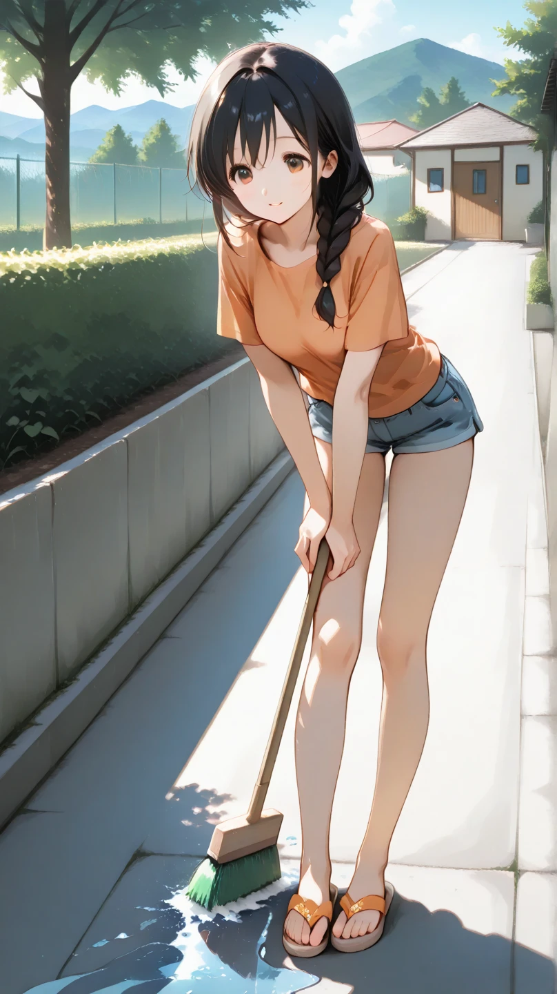 Masterpiece, beautiful slender girl, bus stop, unzipped shorts, pussy peek, pussy, no panties, sweat, sweatdrop, t-shirt, midriff, pussy juice, blushing, bare legs, slim, full body, sneakers, embarrassed, scared, thigh strap, small breasts, erect nipples, peeing, pee, pee puddle, peeing