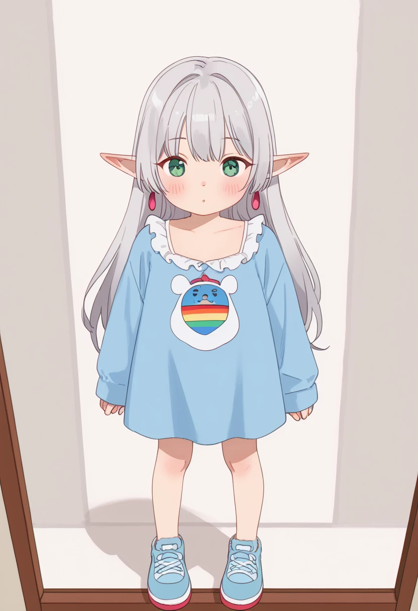  Freelen is tall  , slender Elf with pale skin and long,  スレンダーElfが表れています.  her eyes were big ,  Deep Blue,  It's also 。On her face、 shows pale skin and a long  ,  But、 some kind of melancholy  , Short Chest  ,small breasts,), ((shoes)), Shy, best quality, graphite \\(middle\\), sketch, gradation by JM, rainbow, Note, Line Draft, high resolution, Ridiculous, (ultra detailed:1.1), (Illustration:1.1), (infographic:1.2), Pajamas, (  full clothes setting  :1.15), (solo), Perfectly Drawn Hands, stands in the middle of the night,   cohesive background , paper, action, (character design for VTuber:1.1), 、white camisole dress , Picture_unpublished , Full, twin tail, 1girl, pointed ears, round face, gray hair, green eyes, Elf, long hair, earrings,