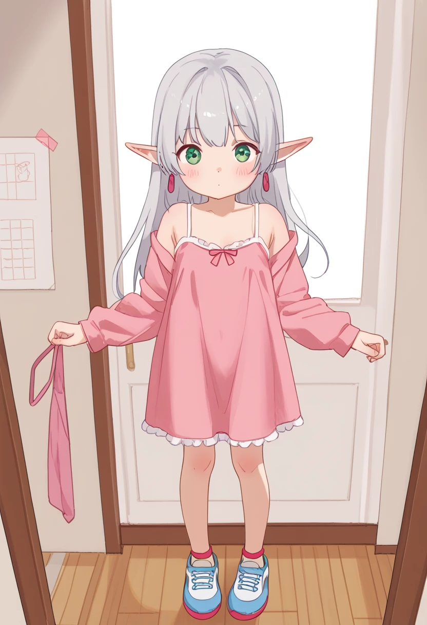  Freelen is tall  , slender Elf with pale skin and long,  スレンダーElfが表れています.  her eyes were big ,  Deep Blue,  It's also 。On her face、 shows pale skin and a long  ,  But、 some kind of melancholy  , Short Chest  ,small breasts,), ((shoes)), Shy, best quality, graphite \\(middle\\), sketch, gradation by JM, rainbow, Note, Line Draft, high resolution, Ridiculous, (ultra detailed:1.1), (Illustration:1.1), (infographic:1.2), Pajamas, (  full clothes setting  :1.15), (solo), Perfectly Drawn Hands, stands in the middle of the night,   cohesive background , paper, action, (character design for VTuber:1.1), 、white camisole dress , Picture_unpublished , Full, twin tail, 1girl, pointed ears, round face, gray hair, green eyes, Elf, long hair, earrings,