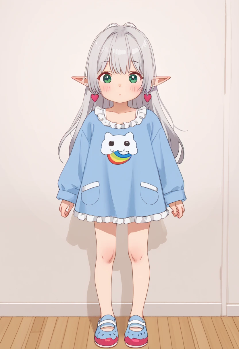  Freelen is tall  , slender Elf with pale skin and long,  スレンダーElfが表れています.  her eyes were big ,  Deep Blue,  It's also 。On her face、 shows pale skin and a long  ,  But、 some kind of melancholy  , Short Chest  ,small breasts,), ((shoes)), Shy, best quality, graphite \\(middle\\), sketch, gradation by JM, rainbow, Note, Line Draft, high resolution, Ridiculous, (ultra detailed:1.1), (Illustration:1.1), (infographic:1.2), Pajamas, (  full clothes setting  :1.15), (solo), Perfectly Drawn Hands, stands in the middle of the night,   cohesive background , paper, action, (character design for VTuber:1.1), 、white camisole dress , Picture_unpublished , Full, twin tail, 1girl, pointed ears, round face, gray hair, green eyes, Elf, long hair, earrings,