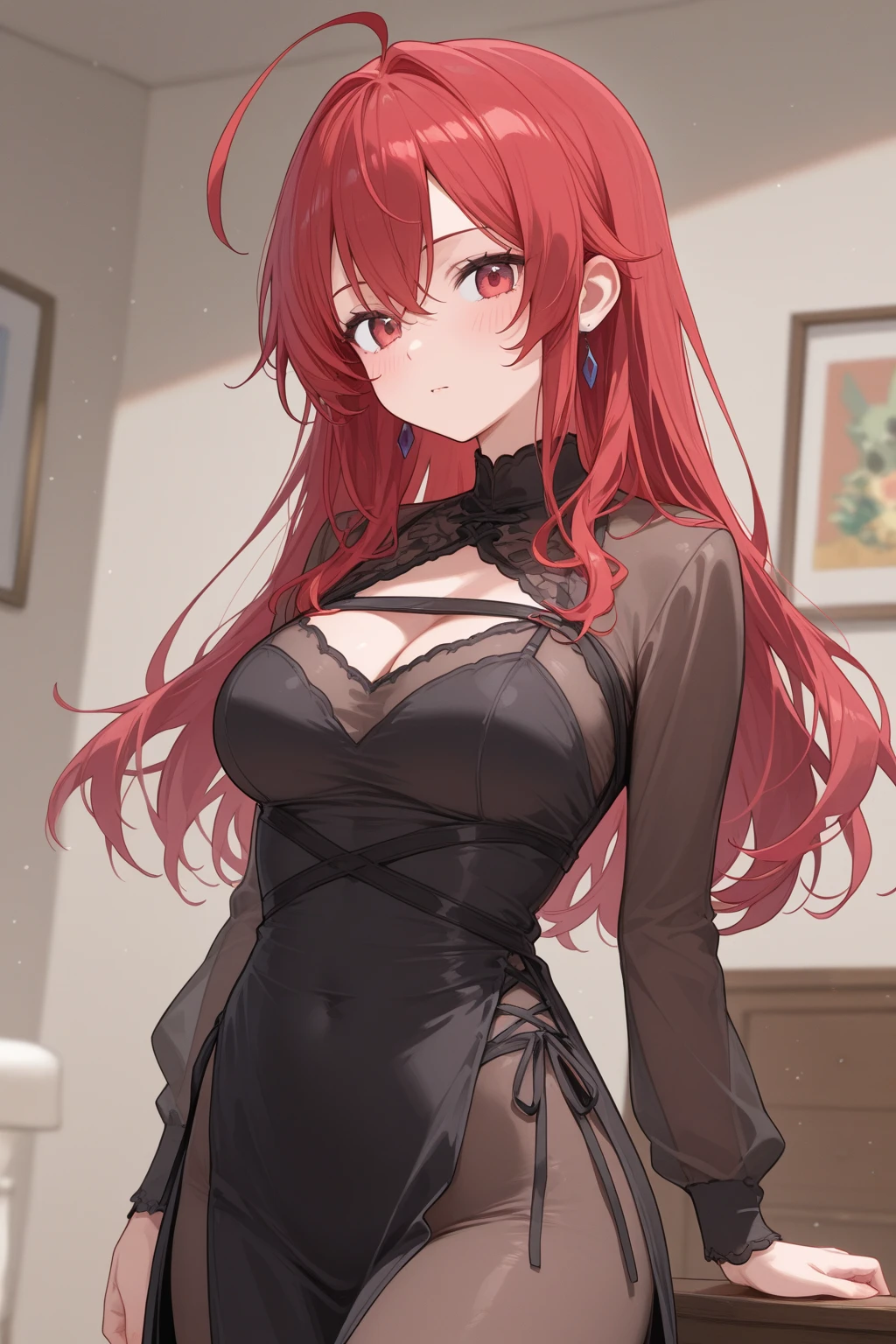 An anime girl with red hair and blue eyes wearing a skirt and an open shirt revealing a black and red lace bra