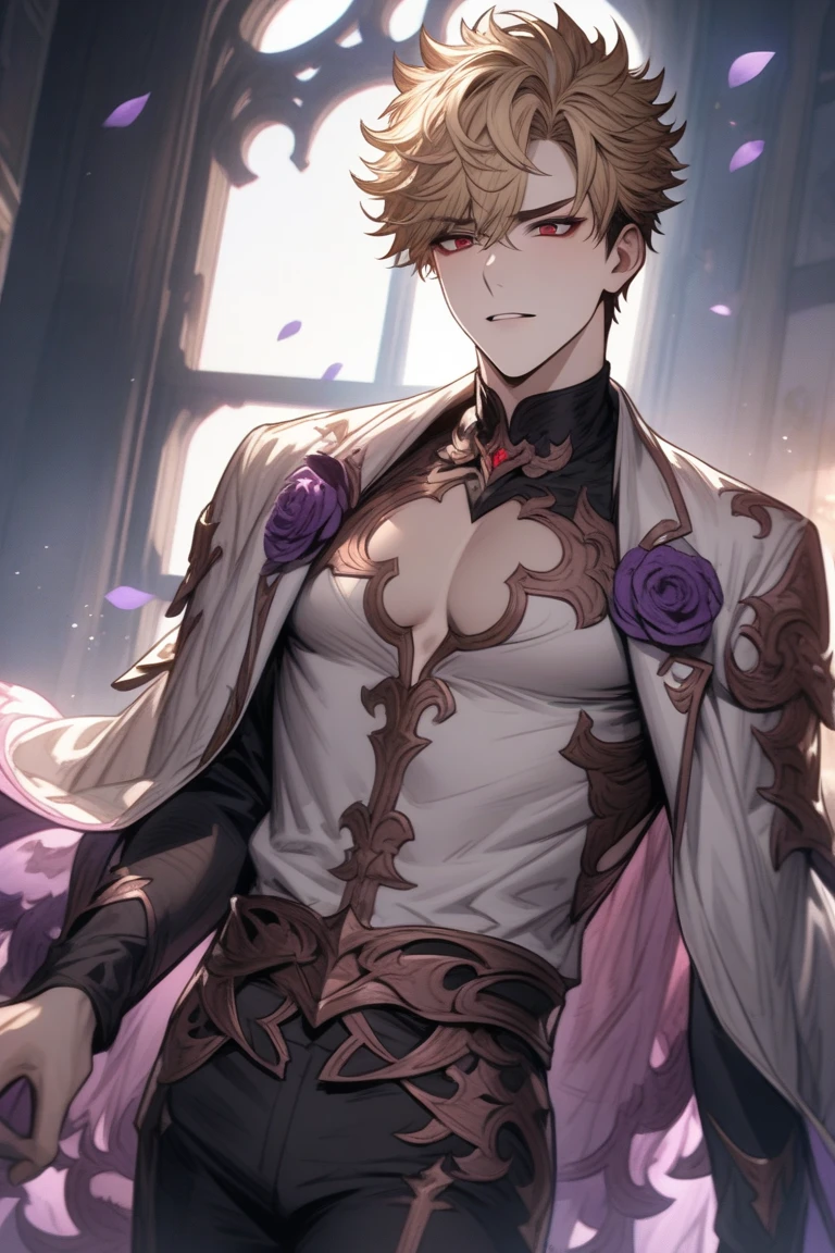 absurdres, highres, ultra detailed, HDR, master piece, best quality, perfect face, beautiful eyes, delicate features, Eiden, brown hair, expressive brown eyes, Nu Carnival, solo, man, handsome, bedlah clothes, purple pants, purple veil, window, castle, red curtains, petals, chandelier