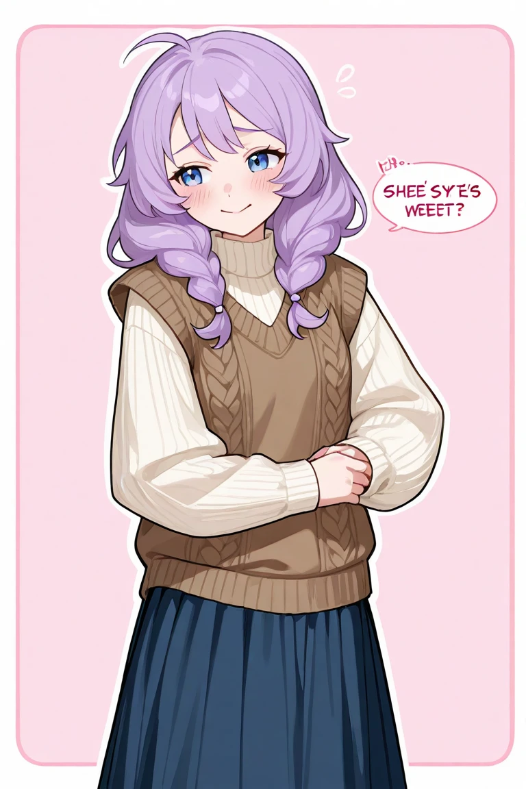((Human female Elder ager)), solo , purple hair  ,  manga Style ,big wide hips  , wearing skirt , Sweater  ,