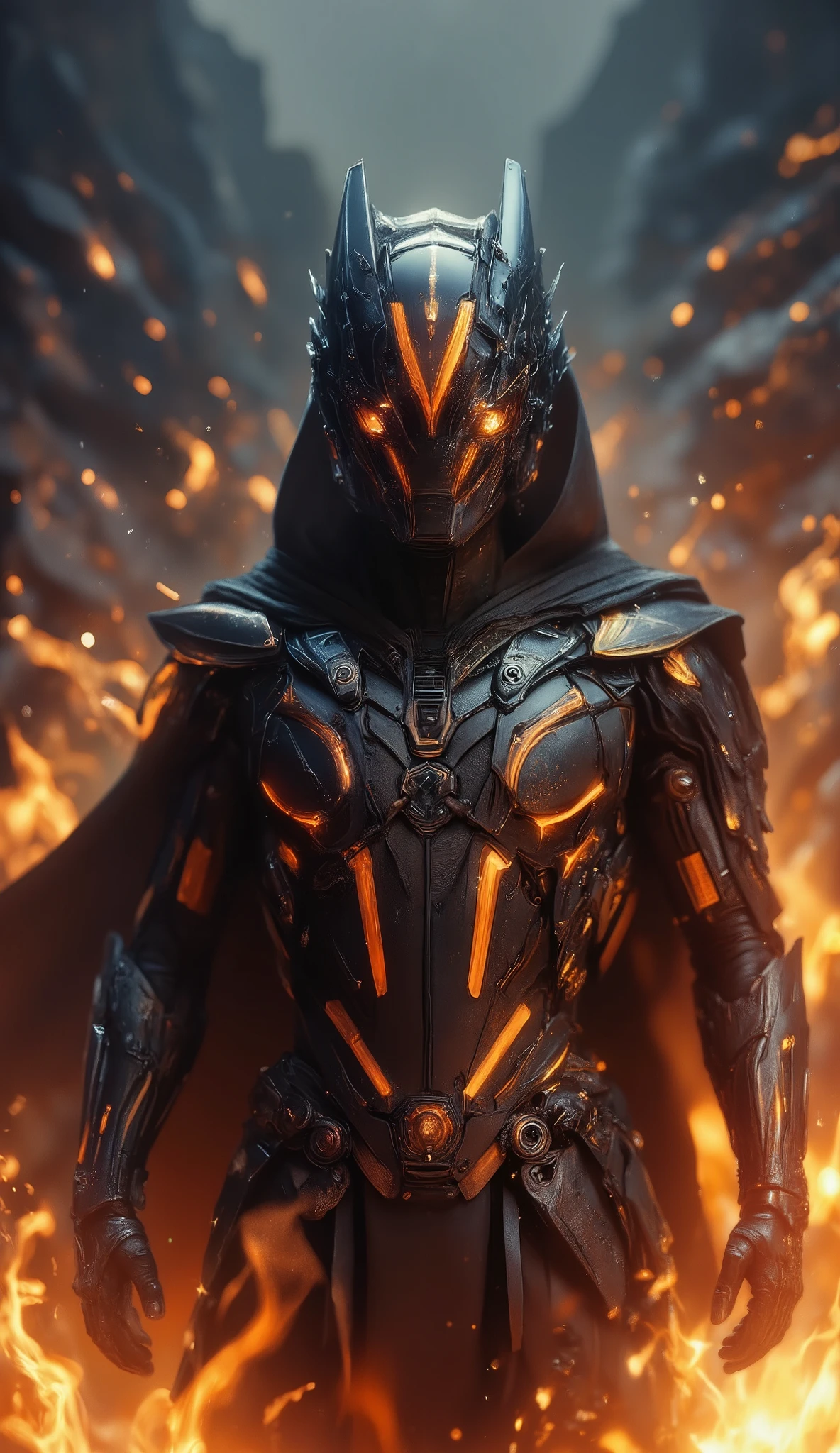 A futuristic cyberwarrior in a dark, armored suit with bright orange energy lines, with a hood. His helmet is elegant, seeds, and without distinctive features except the intense orange lights that form angular patterns. The environment is full of fire and embers, creating a dramatic contrast against the black armor. The warrior pose is imposing, distilling power and mystery, with a cinematic lighting effect that enhances the background of fire.  The atmosphere is intense , evoking a dystopian or science-fiction cyberpunk aesthetic.