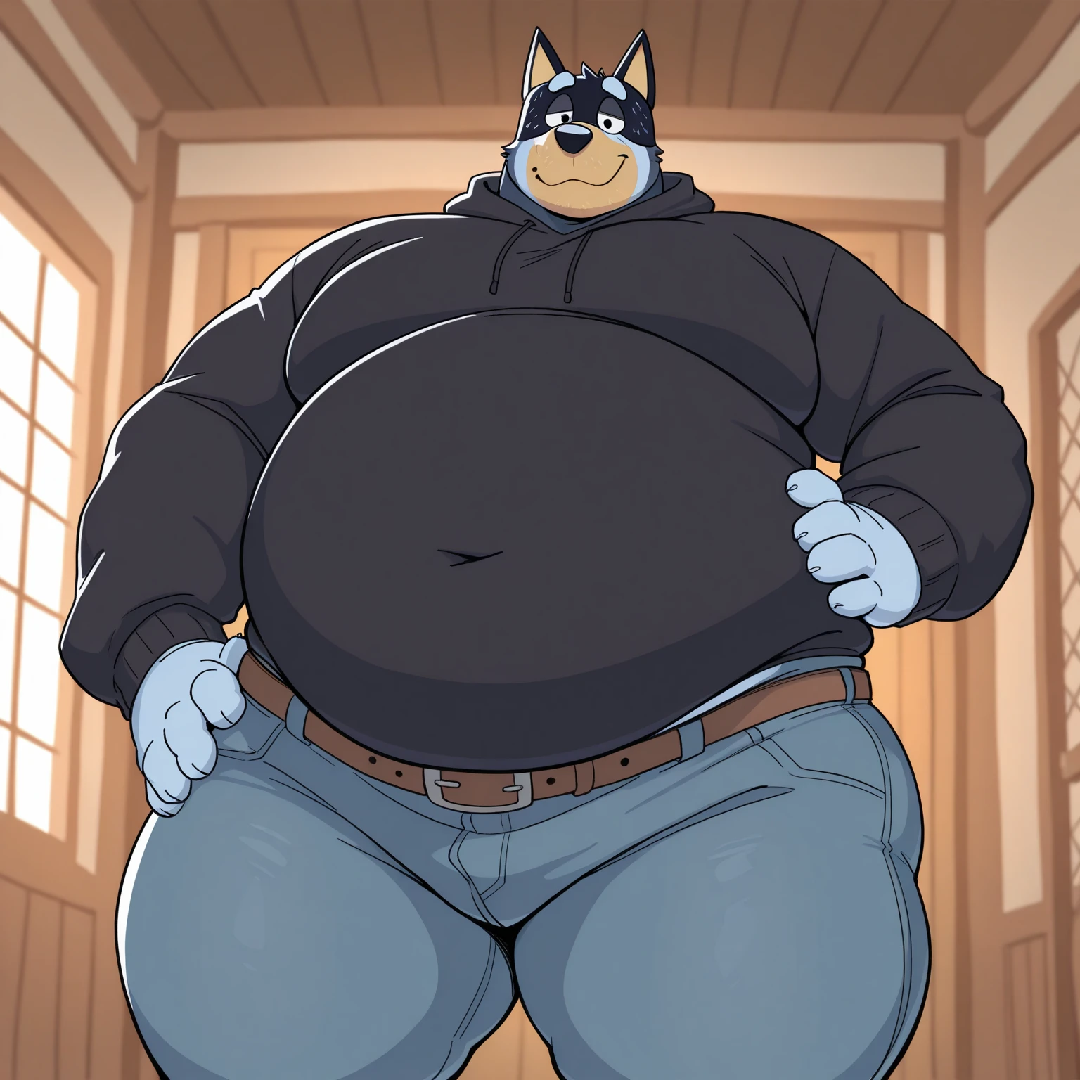 (((detailed eyes, detailed face))), (furry, pj_(goof_troop) <lora:P.J. Pete:0.7>, obese, male, cat, black fur body, black body), male, (solo), (plump, fat, chubby, overweight), (white briefs <lora:bulge_brief_cum_findigo_v3:1>, topless), (bulge), standing, (arms behind back), smile BREAK (by kuroisumi, yupa, kiyosan, cute), bedroom, (soft shading, high brightness), masterpiece, (full body)