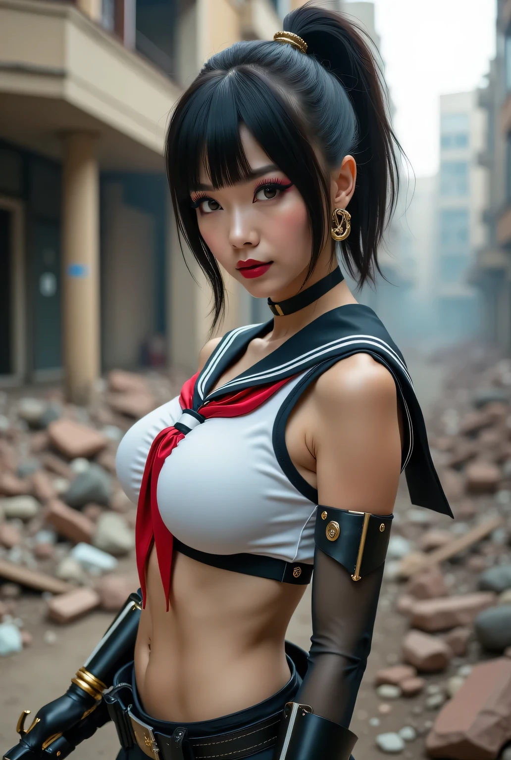 (wearing a sailor uniform).
A villainous young lady wearing a sailor uniform and carrying a weapon in battle.
Background is a destroyed city.
Super beautiful Japanese girl, villainess, looks like a intimidating dominatrix, condescending gaze, staring at the viewer, makeup, long false eyelashes, eyeshadows, eyeliners, light red lips, short high ponytail.
Glamorous body, big breasts.
Highest quality, masterpiece, colorful to keep.
