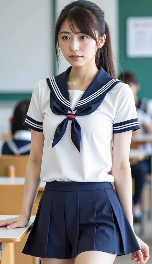 masterpiece、4K、top-quality、beautiful japanese female、detail portrayal、1 girl in、18year old、(Idol style super cute face 1.2), (White short-sleeved shirt、Sailor School Uniform、Navy blue pleated skirt)、A dark-haired、Slightly longer bob hair、naturey、depth of fields、(Angle from top:1.2)、