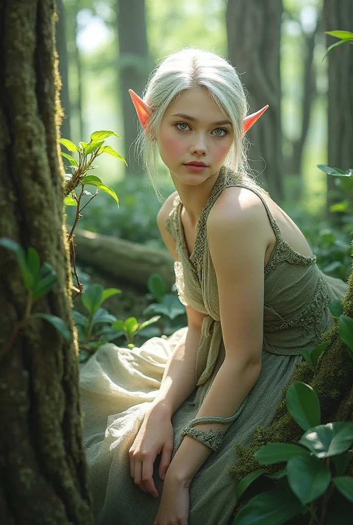 analog film photo, photo of a young elf girl, 18 years-old, elf, elf ears, long pointy ears, peridot eyes, ash blonde hair, light-brown sun-tanned skin, goosebumps, pretty, natural beauty, resembles Ana De Armas, wearing a cotton bralette, posing in a misty forest, RAW Photograph, dslr, soft lighting, high quality, film grain, Fujifilm XT3, detailed skin with visible pores, insane details, masterpiece, 8k, 35mm photograph, dslr, kodachrome, faded film, desaturated, grainy, vintage, Lomography, stained, highly detailed, found footage, close-up shot, elven ears