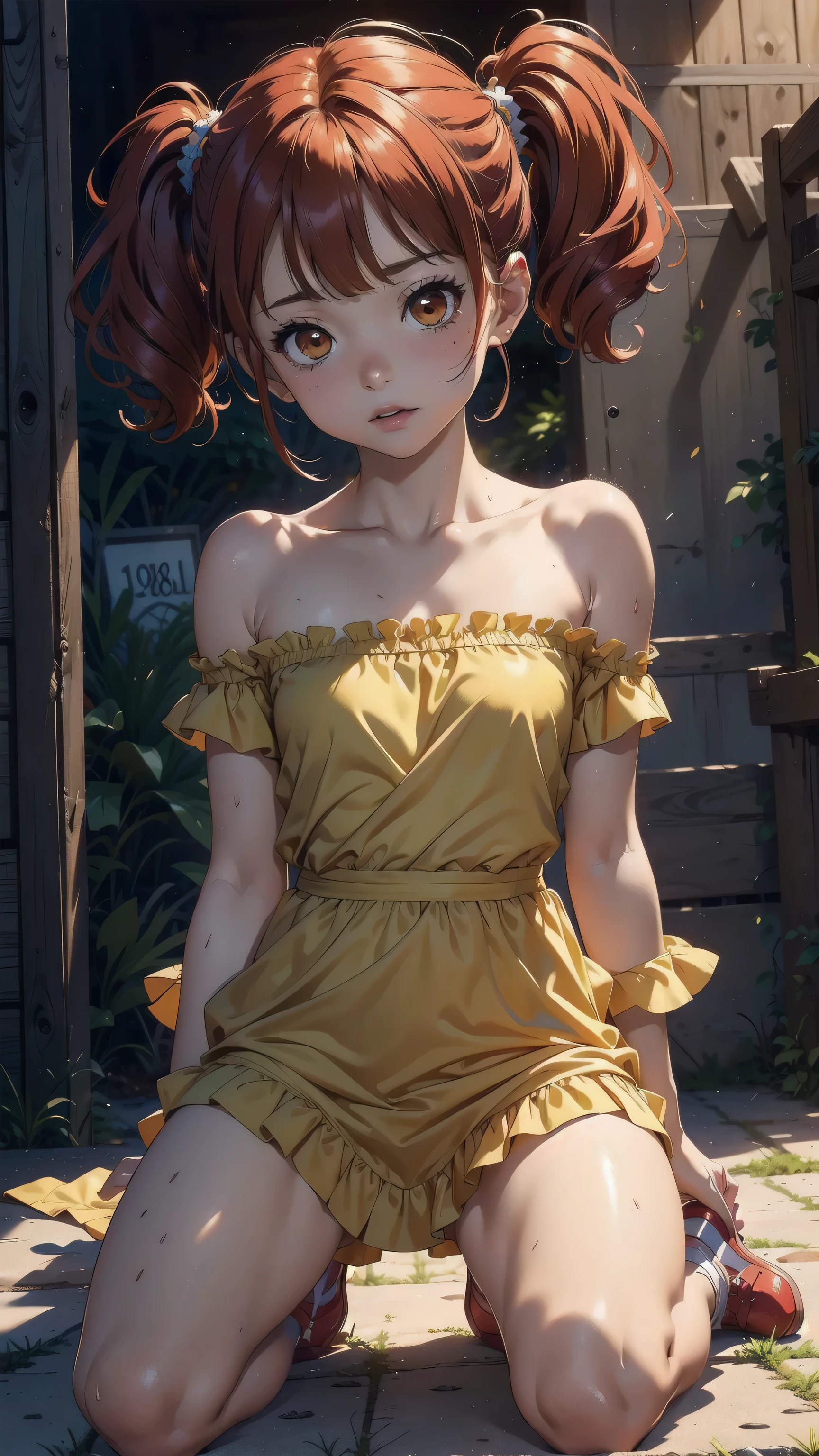 ((top quality, ultra-detailed, high resolution, extremely detailed CG, unity 8k wallpaper, by famous artist, perfect anatomy, super detailed skin, cinematic lighting, UHD, retina, anatomically correct, 1080P)), (Please draw a single one girl walking in the Japanese suburbs:1.3), ((1girl)), (Solo, face,13-year-old:2.0), a junior high school student, ((cute petit girl, chibi, babyface)) androgynous charm, (Medium hair, ((full red hair)) ((redhead)), pigtails, straight bangs, with a bow in her hair, ((very thin legs)), ((skinny legs, thin body, small build)), Full limbs, complete fingers, ((perfect fingers and hands)), flat chest, small breasts, childish body, small butt, groin, Beautiful detailed full yellow gold eyes, perfect eyes, ((cute kawaii green with orange dress)) (Detailed Lighting), ((Japanese suburbs)), (Detailed scenary background), full body view, Cute, kawaii single girl (one girl), full body shot, ((little young 13 years old body:1.3)), ((long skirt)), ((shoes)), ((five fingers for each hand)), ((red hair girl:1.3))